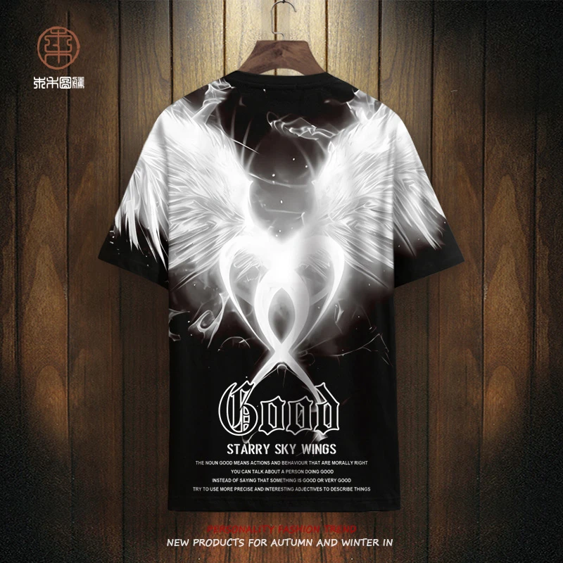 欧美风潮流高街翅膀印花短袖t恤男oversize潮牌情侣薄款大码体恤