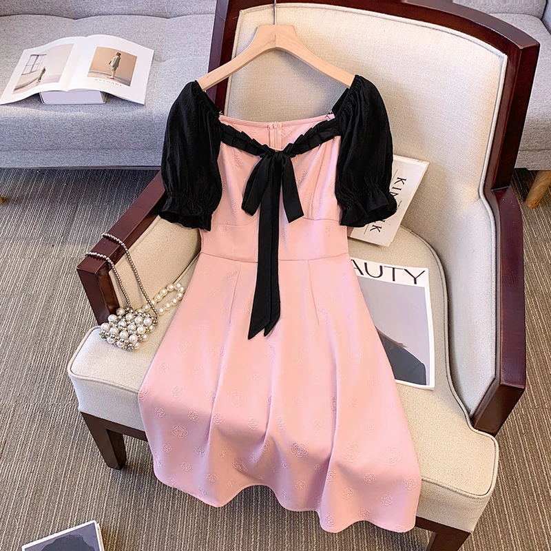 大码女装2025夏季新款胖mm法式减龄蝴蝶结方领提花显瘦连衣裙