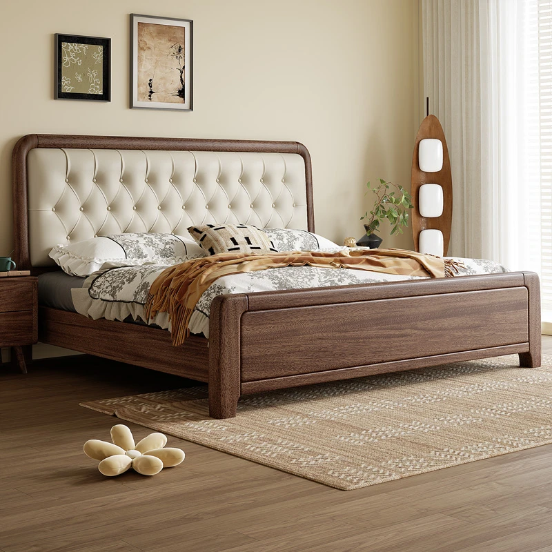 全实木床1米8胡桃木双人主卧真皮床轻奢胡桃木大床简约实木婚床