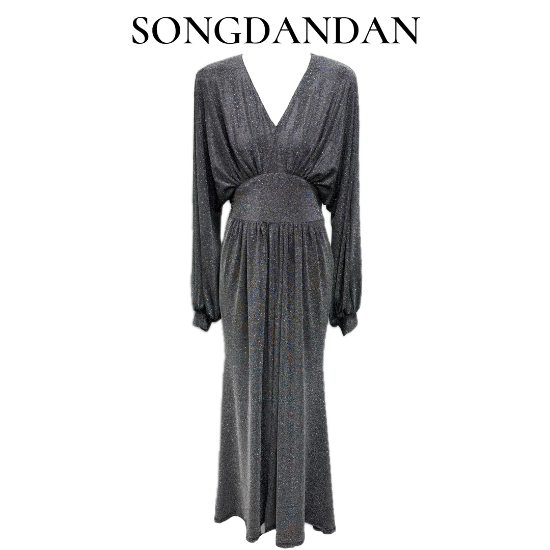 【DDS】秋款V领灯笼袖闪闪烫钻前开叉连衣裙秋冬