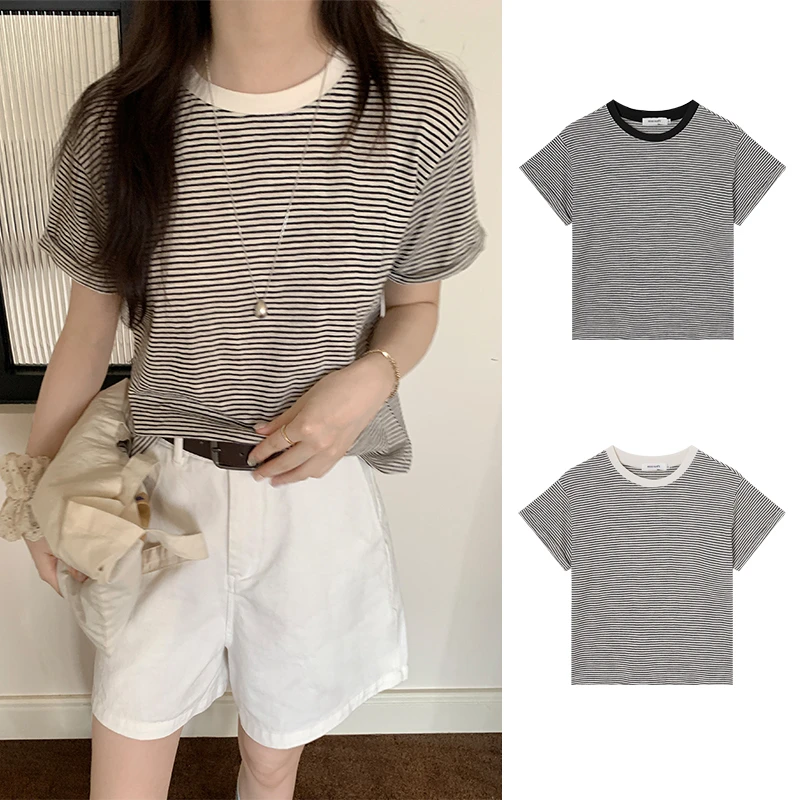 Miss sumeyY3832自制夏新款洋气百搭拼色条纹短袖T恤圆领宽松上衣