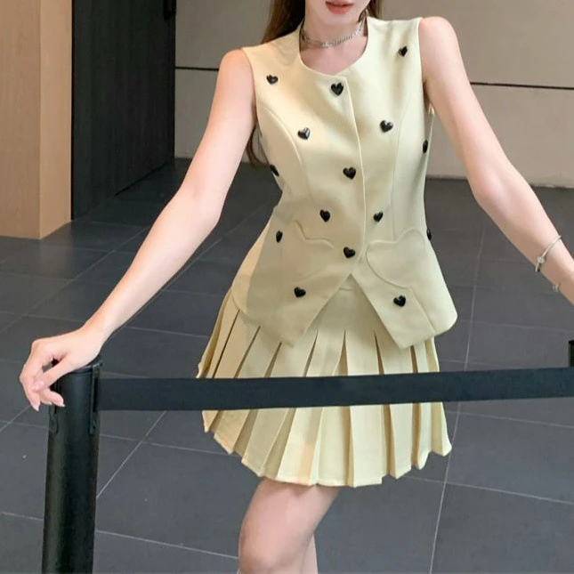 时尚套装女2025夏季法式小香风马甲小背心辣妹百褶半身裙子两件套