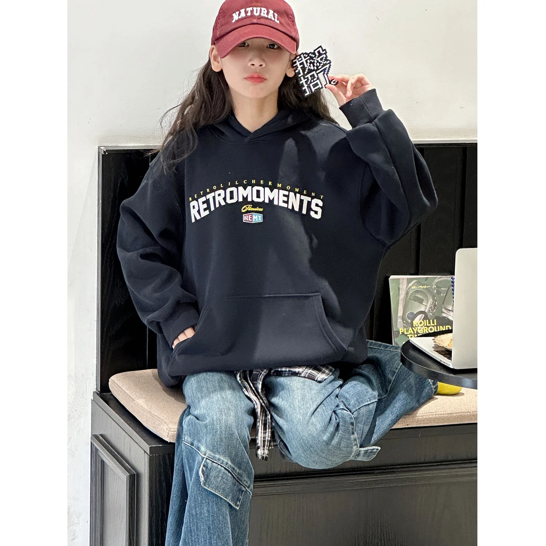 K30150孙小美韩系女童运动卫衣2025新款秋冬加绒加厚儿童连帽上衣