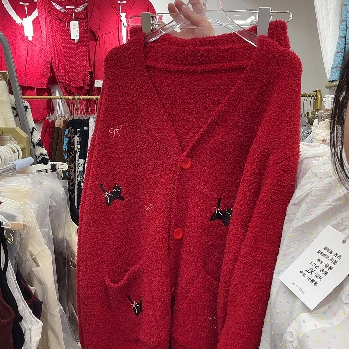 三醋酯纤维猫咪红开衫