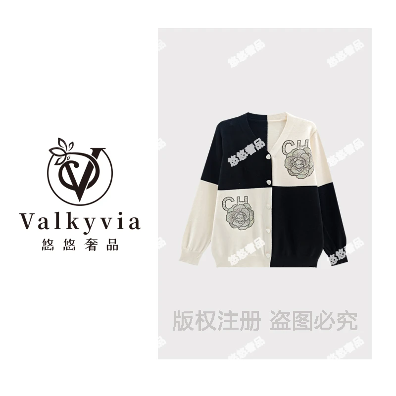 【Valkyvia/悠悠奢品】烫钻山茶花时尚休闲设计师开衫毛衣MY9279