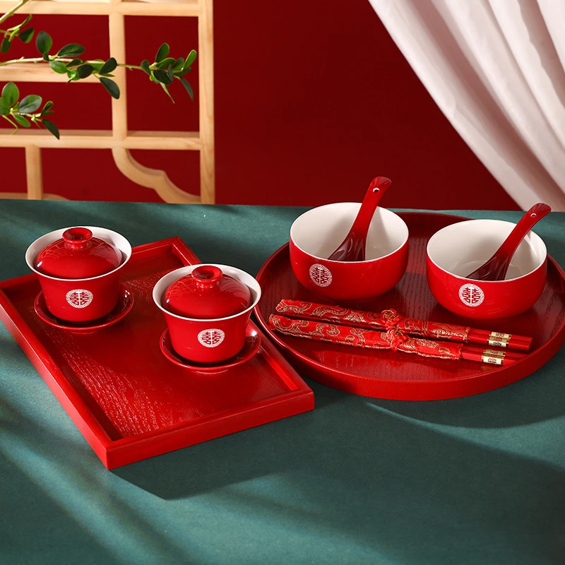 敬茶杯结婚改口敬酒茶杯喜碗婚礼对碗娘家陪嫁用品红色碗筷喜庆