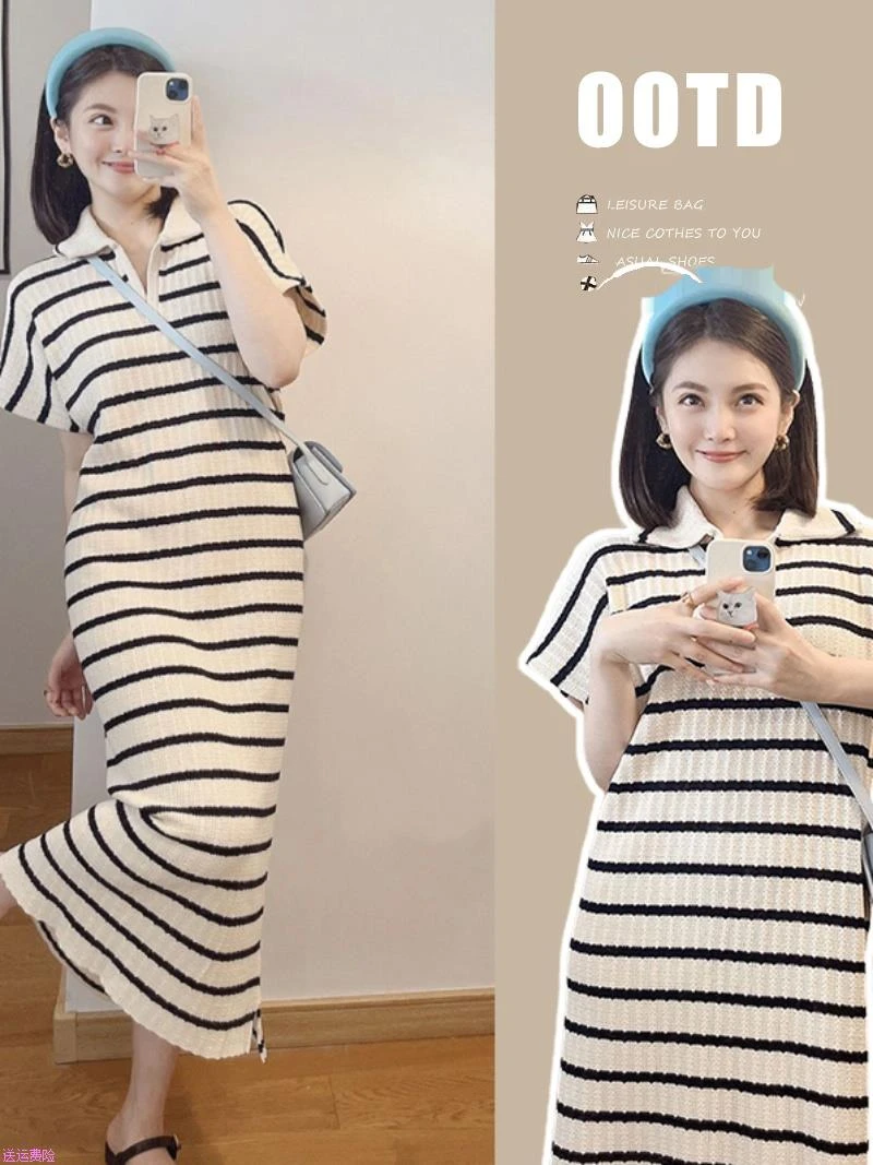孕妇夏装连衣裙套装2025时尚新款翻领过膝夏款宽松大码长裙子夏季