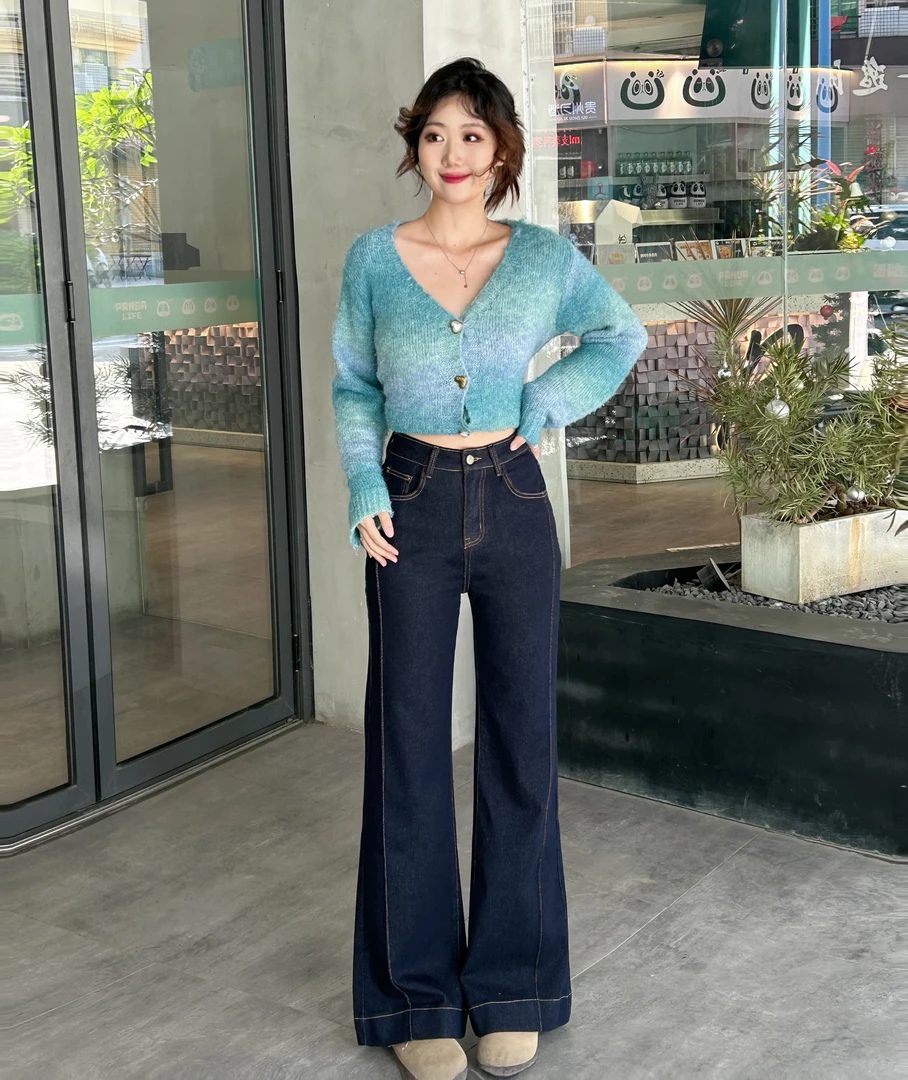 2025新款怀旧蓝丹宁蓝高腰阔腿牛仔裤女时尚宽松百搭直筒啦裤微喇