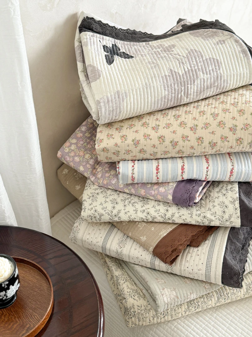 胖家居法式花边全棉AB版床盖三件套四季通用夹棉加厚大床单纯棉