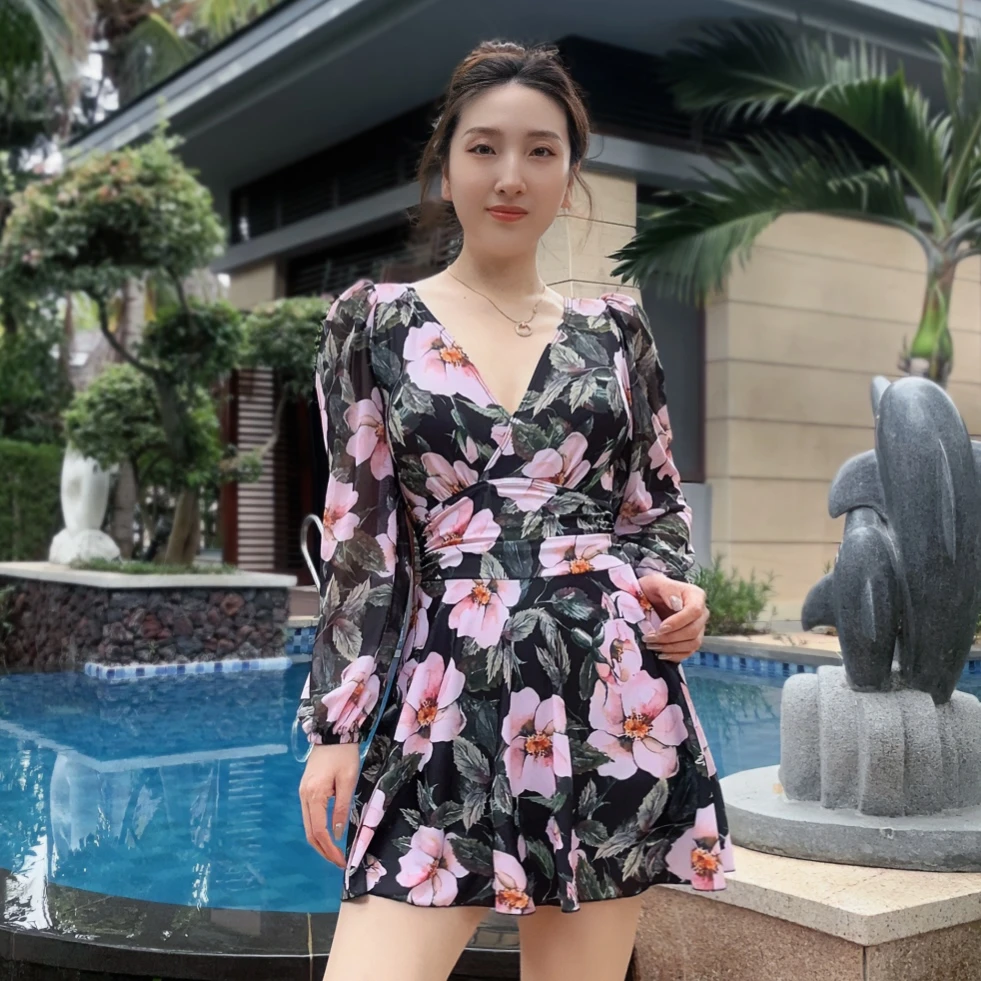 【首播福利】花仙子复古温泉时尚长袖裙式性感气质游泳衣NL0175