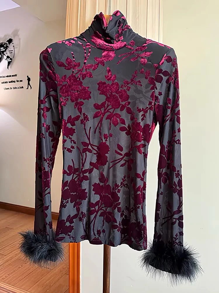 毛毛边高级红植绒烧花修身打底上衣