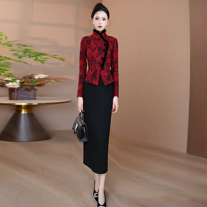 加厚假两件连衣裙女2025秋冬新款毛呢修身显瘦气质裙子洋气长裙