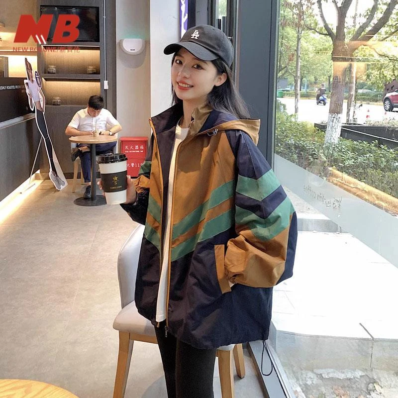 新百伦【奥莱撤柜】连帽风衣外套女款2025春季新款撞色宽松条纹棒