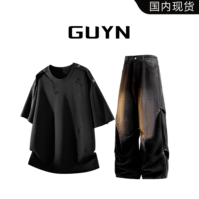 【品牌现货】GUYN破洞短袖t恤男士夏季潮牌休闲高级感半袖上衣体恤
