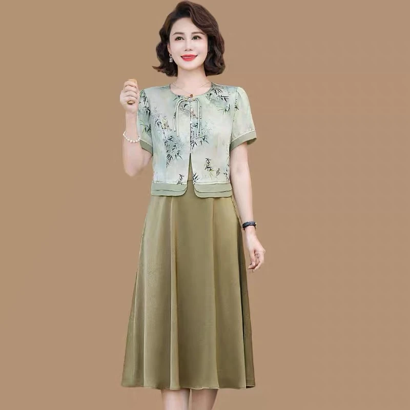 2025新款新中式妈妈夏装套装连衣裙高级感复古中国风真两件裙子女