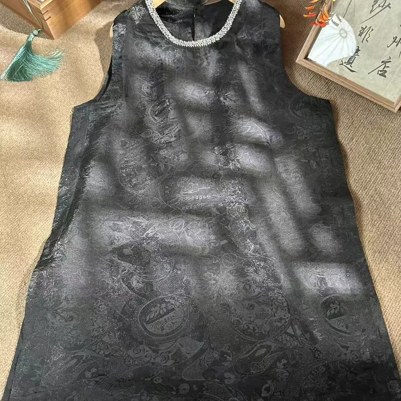 夏季新款新中式国风圆领气质提花无袖背心二大衫上衣