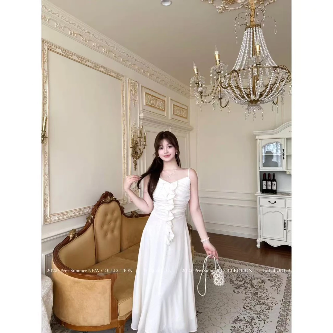 【现货】【娇贵星河】 温与柔法式度假风长裙不规则荷叶边飘带连衣裙