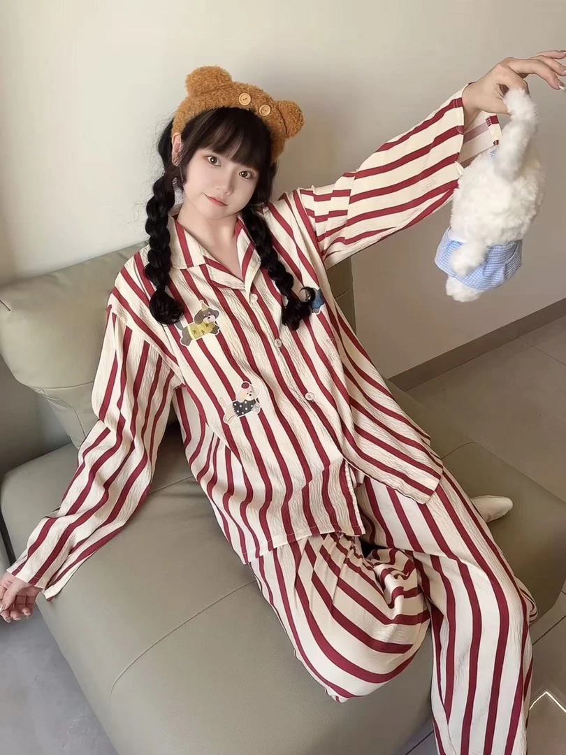 【星星小狗】卡通条纹睡衣女秋季新款长袖休闲舒适家居服可外穿套装