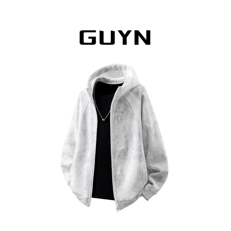 【品牌正品现货】GUYN脏脏灰拼接扎染夹克男款秋季连帽宽松纯棉外套