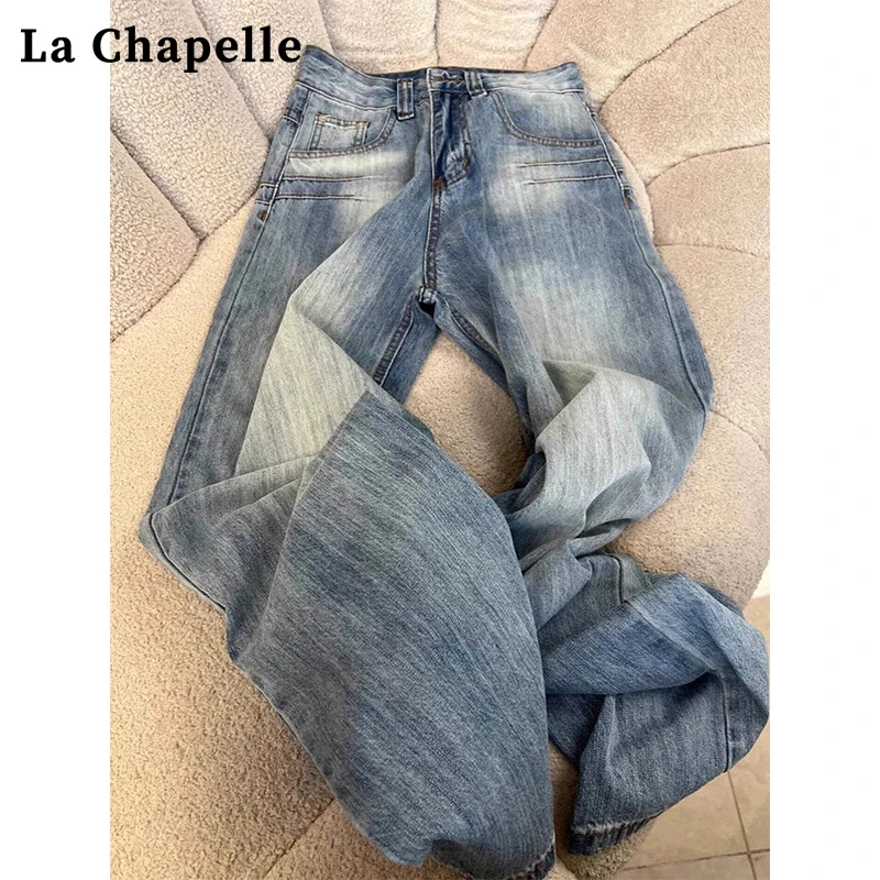 拉夏贝尔设计感刺绣宽松直筒牛仔裤女美式复古水洗高腰显瘦阔腿裤