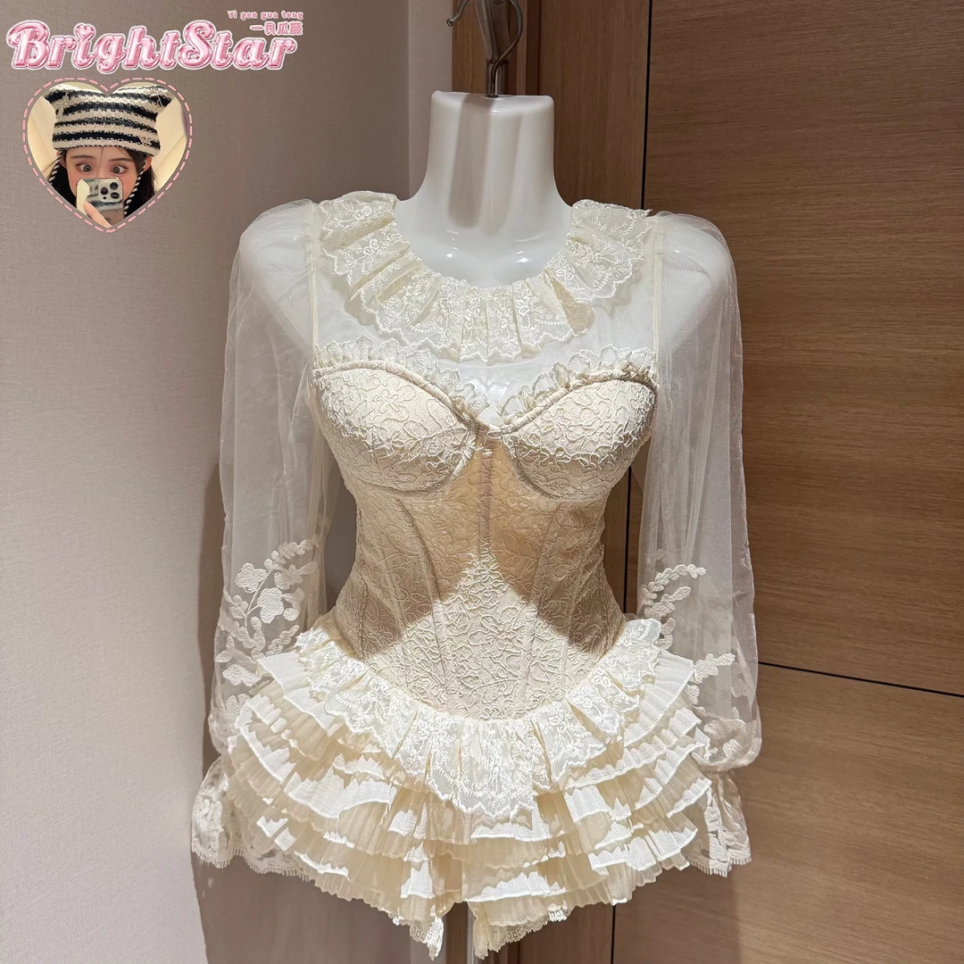 万卷金丝/欧式蕾丝鱼骨胸衣重工多层荷叶边公主裙裤两件套装