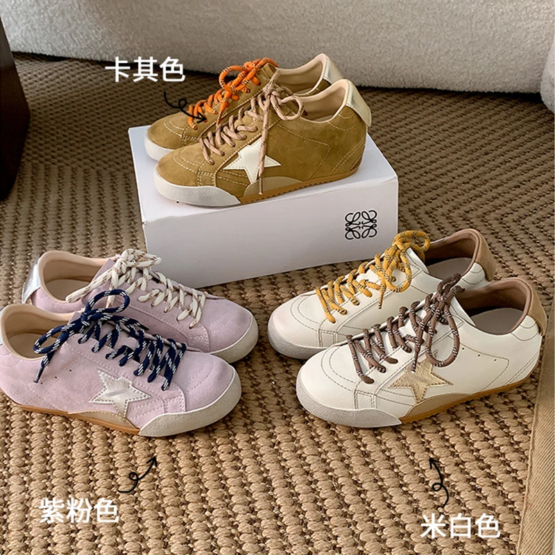 羊皮版~复古做旧星星小脏鞋女2025新款百搭内增高休闲运动德训鞋