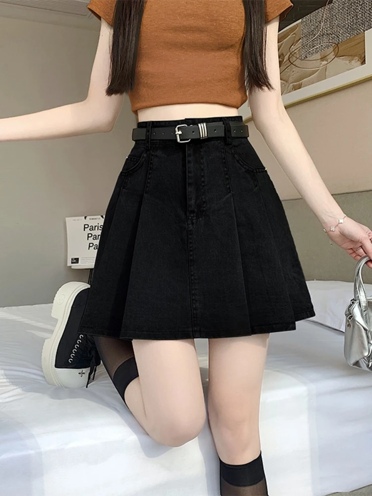 百褶裙半身裙女夏季2025新款高腰防走光牛仔短裙A字裙包臀半裙