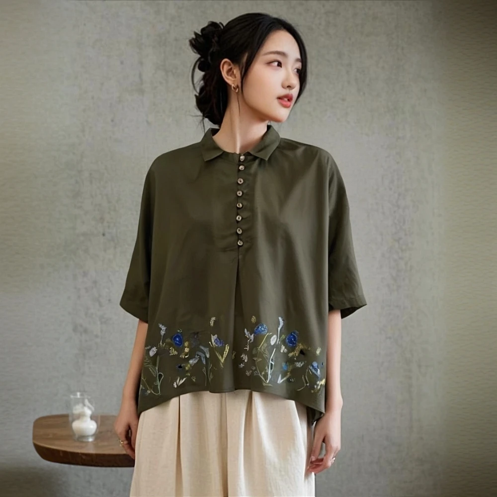 自然系植物花朵刺绣麻翻领中袖衬衫上衣宽松时尚遮肉清凉25062643