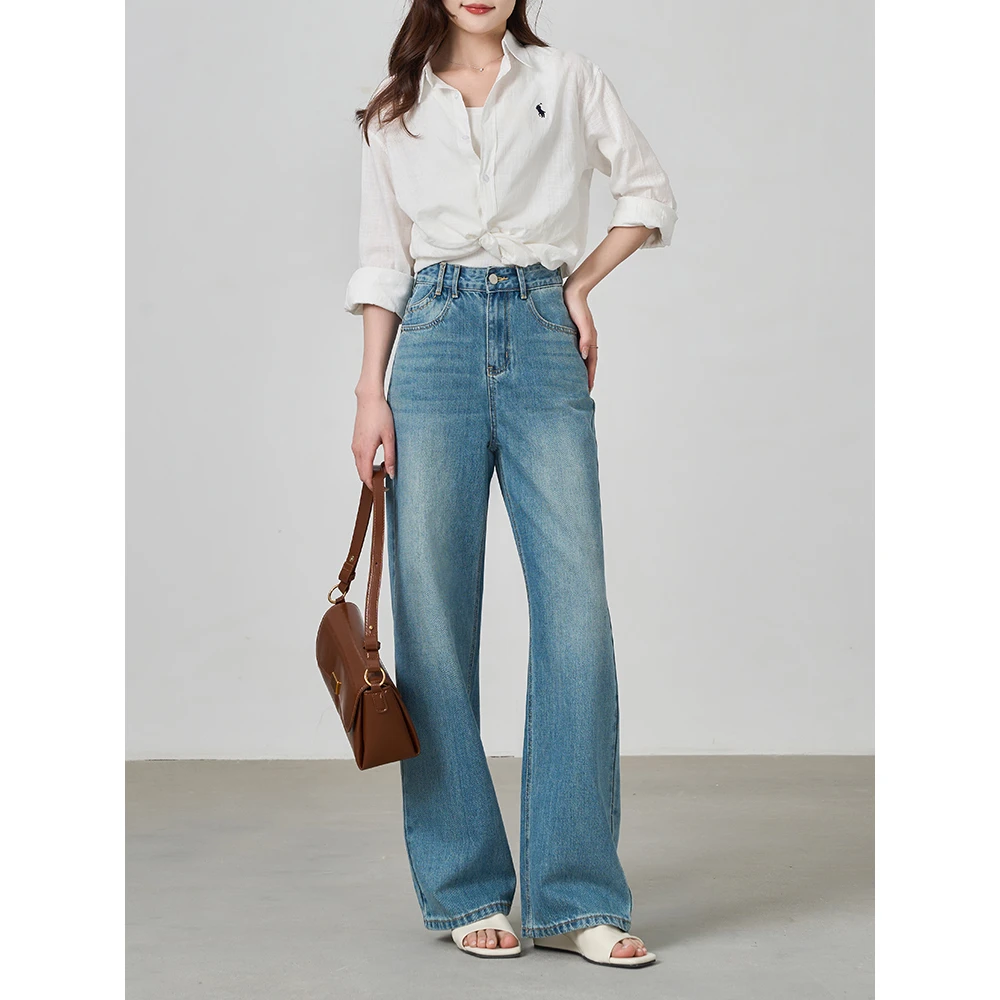 Space Password复古浅蓝牛仔阔腿裤女中高腰宽松显瘦牛仔裤89213