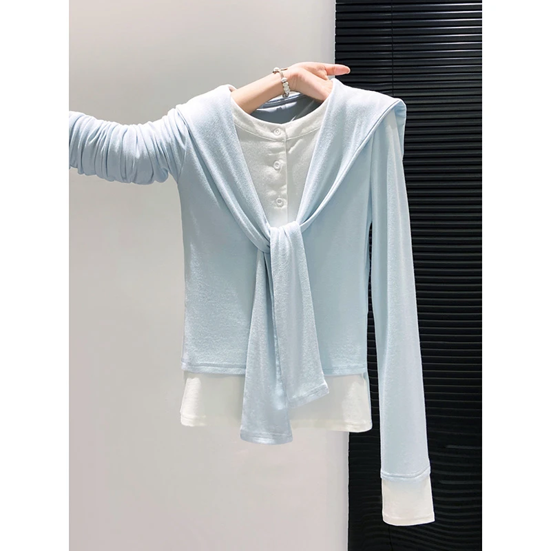 韩系气质假两件披肩系带长袖t恤女2025早秋新款修身内搭打底上衣
