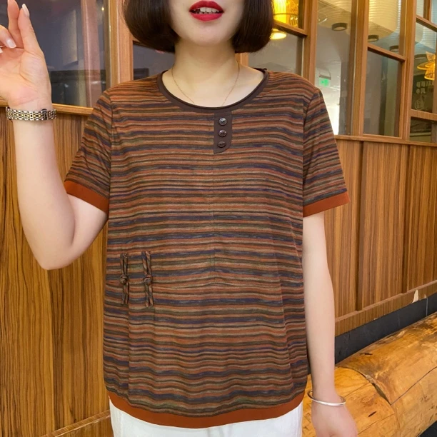 夏季新款时尚圆领宽松型中老年女装薄款休闲宽松条纹显瘦宽松t恤