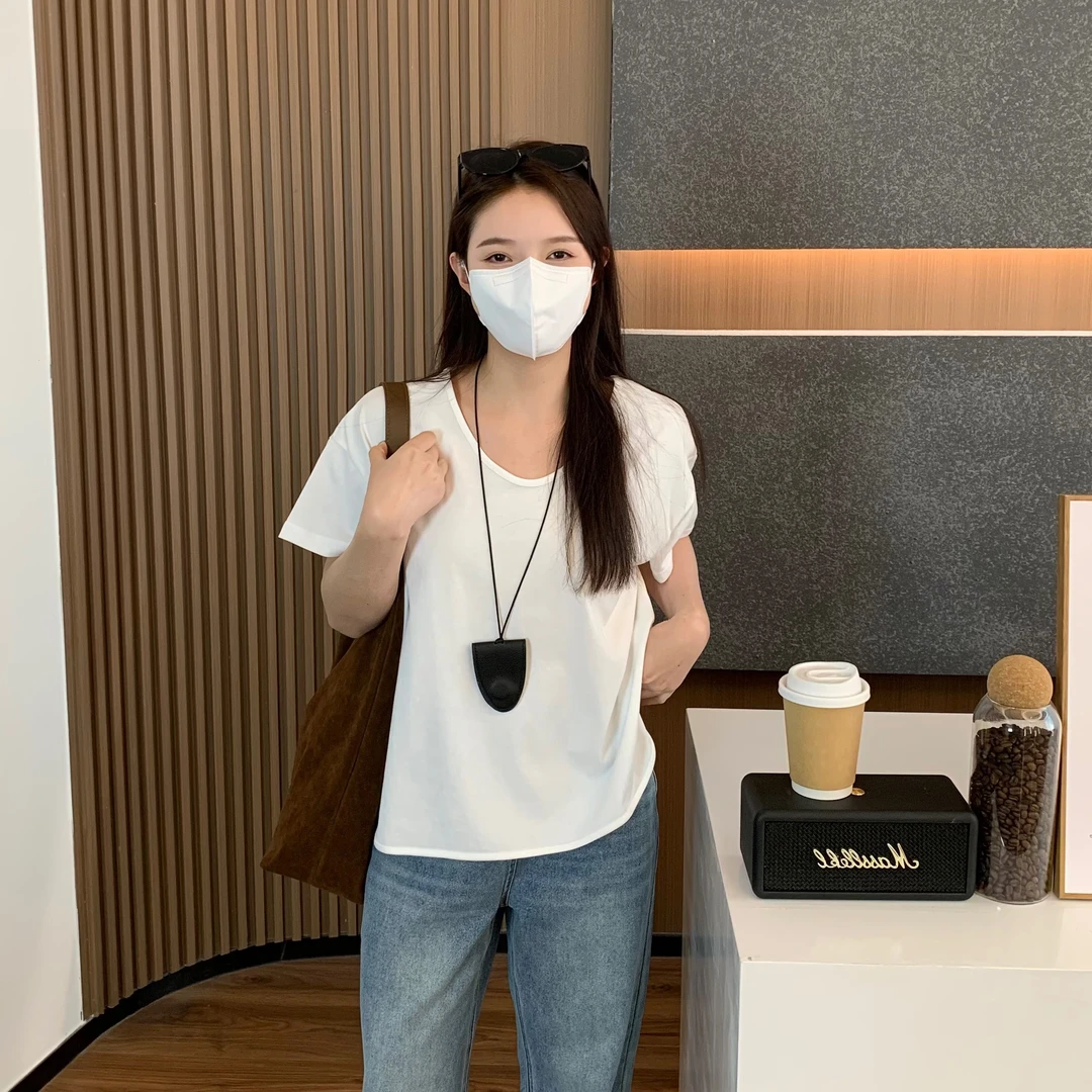 小羽酱小个子定制春夏基础款百搭休闲侧开叉打底叠穿V领短袖T恤