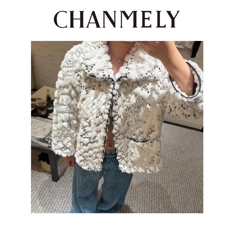 【CHANMITY】25/FW法式香风高级大翻领环保獭兔亮片外套0251072