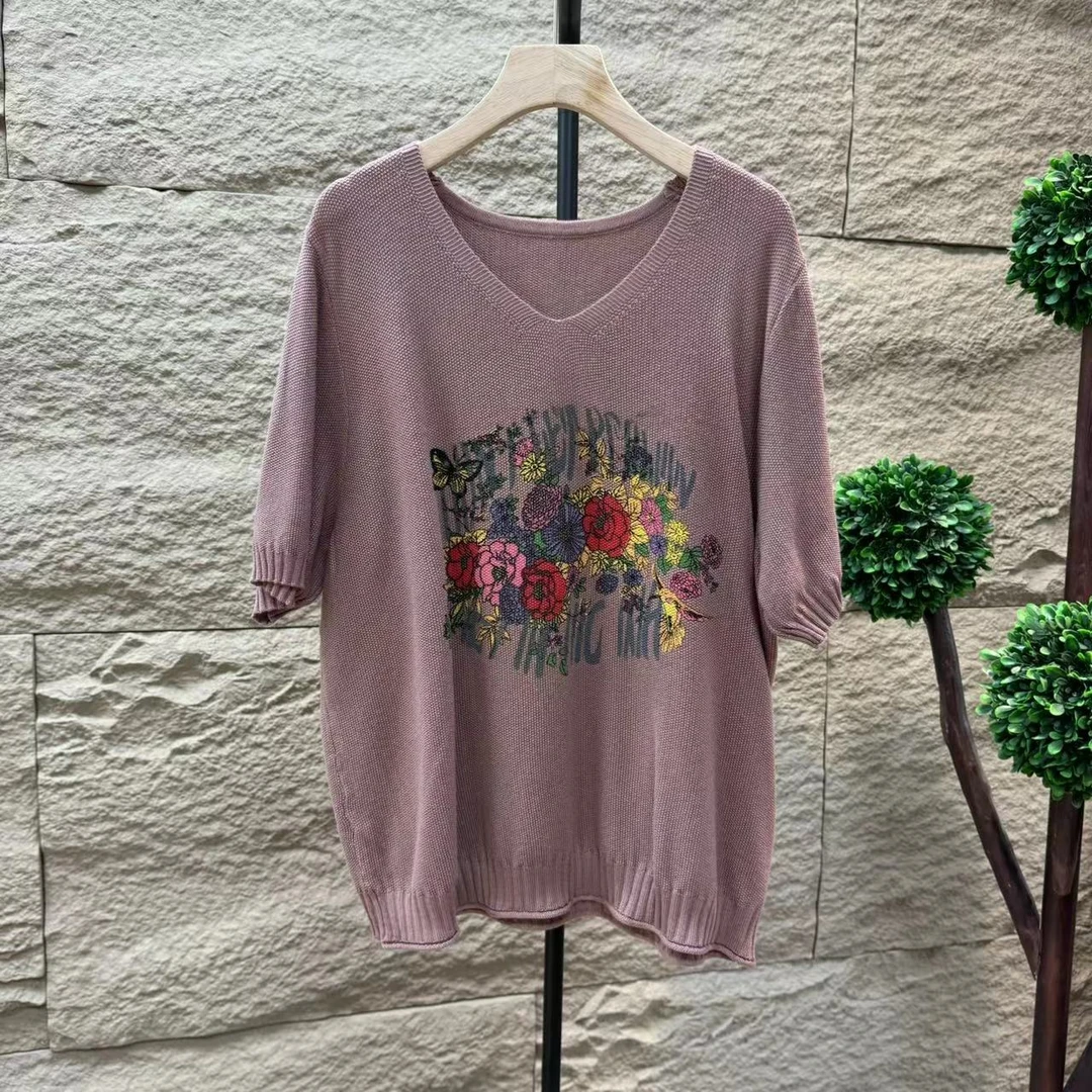 11318新款夏季时尚气质简约百搭印花针织短袖T恤