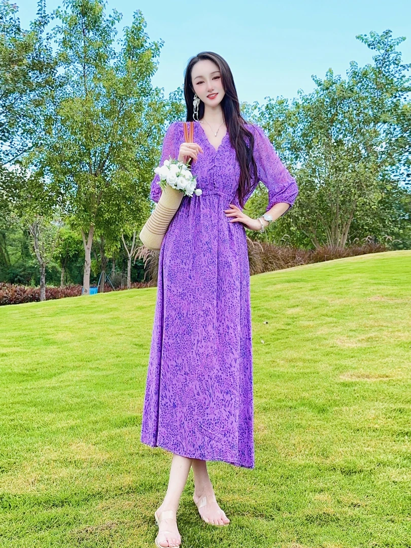 【2550云见紫苏】新款时尚显瘦印花桑蚕丝气质修身连衣裙118公分