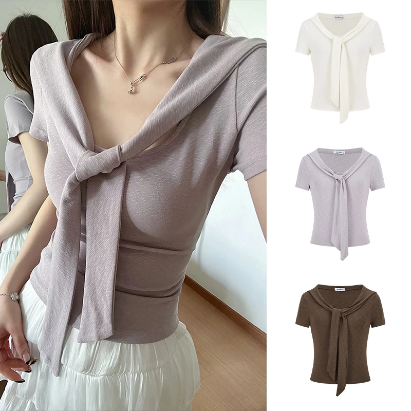 Moses Queen/魔西女王时尚正肩气质绑带短袖T恤修身显瘦披肩上衣