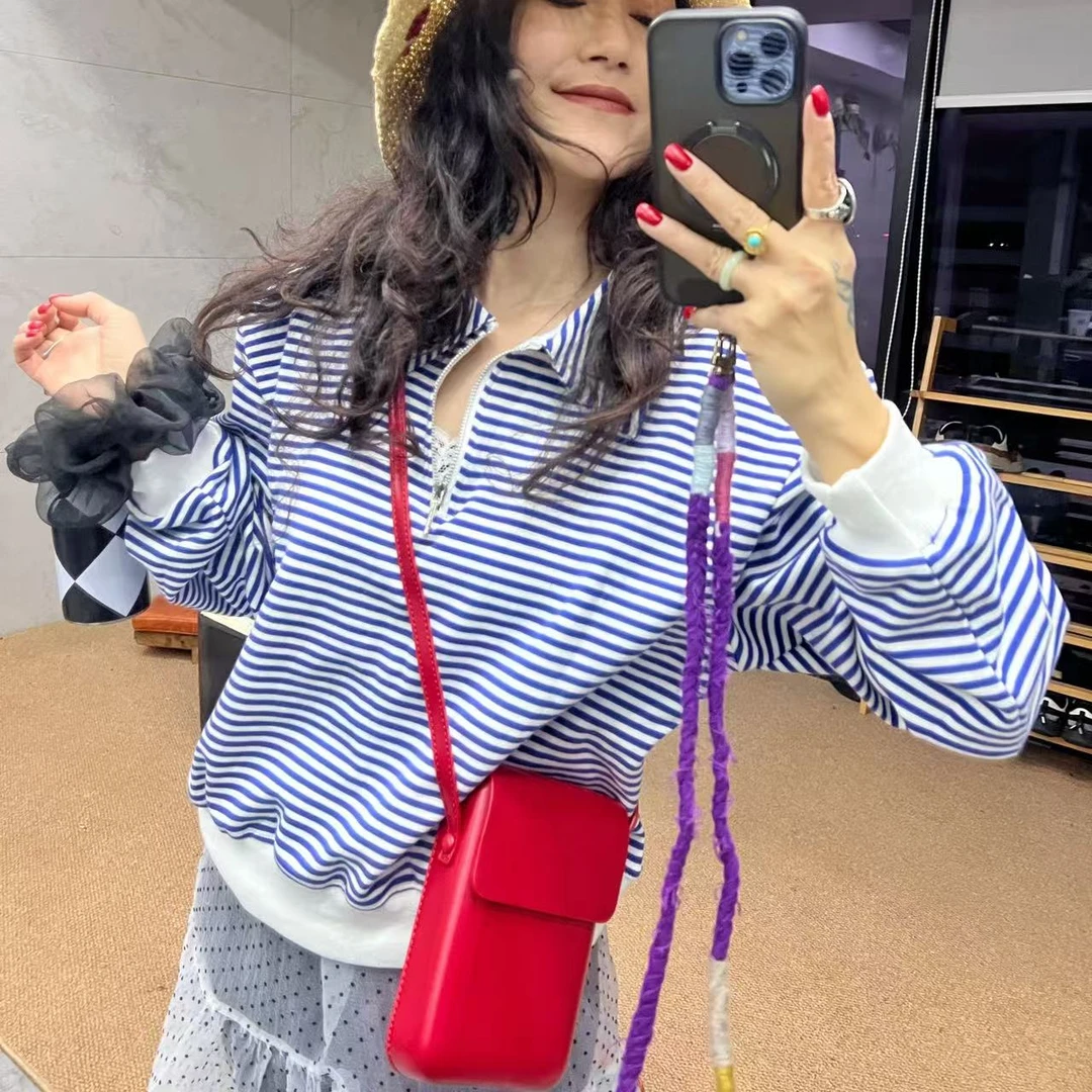 K0001翻领跳舞短卫衣蓝条纹韩版短款长袖