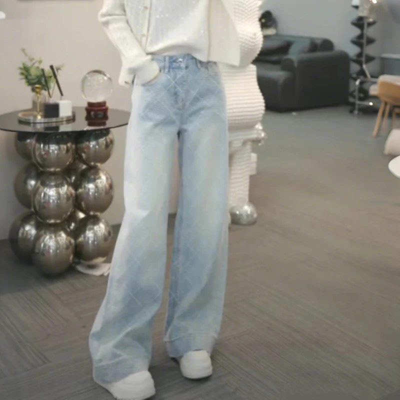 港式风情烫钻设计牛仔裤女2025春季新款高腰显瘦时尚休闲牛仔裤