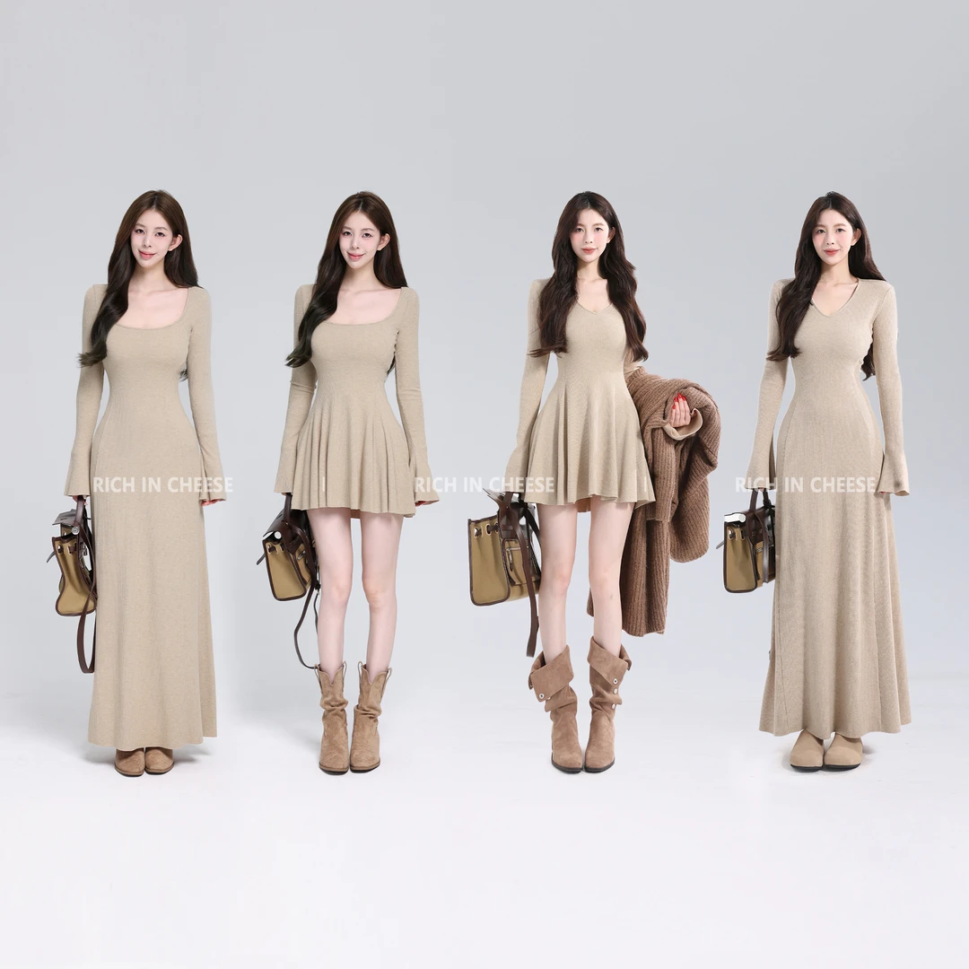 舒胡蕾 茶香可颂【内搭王者】秋冬长袖高弹针织显瘦打底收腰连衣裙