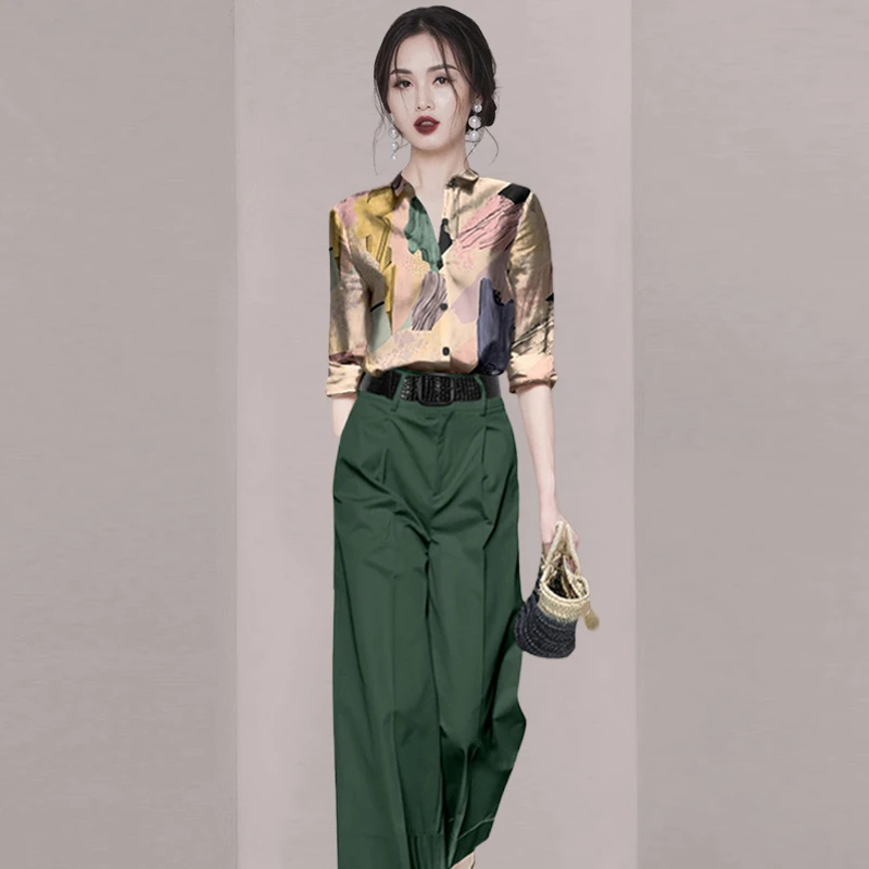 法式休闲时尚套装女2025春款减龄印花衬衣搭配收腰阔腿裤两件套潮