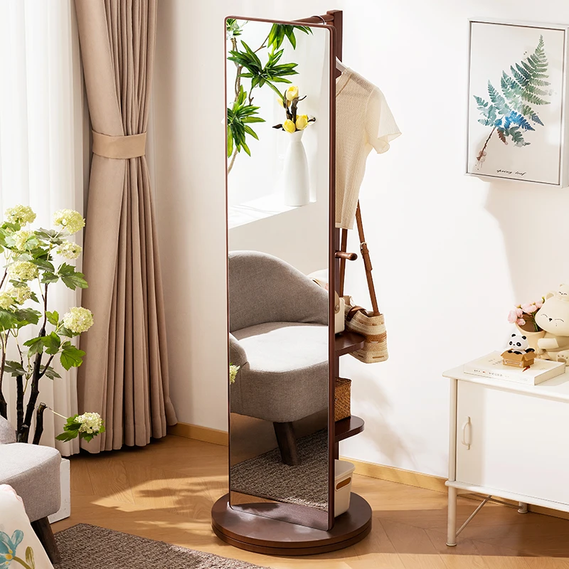 实木全身镜穿衣镜落地镜子家用带挂衣架一体移动试衣镜卧室可旋转