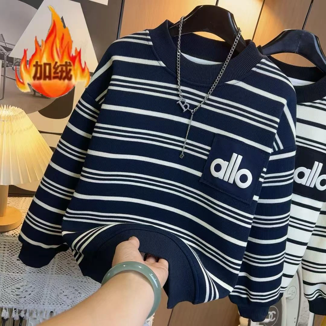 【加绒】~韩系秋冬男童时髦洋气字母拼接潮酷加绒圆领套头卫衣11002