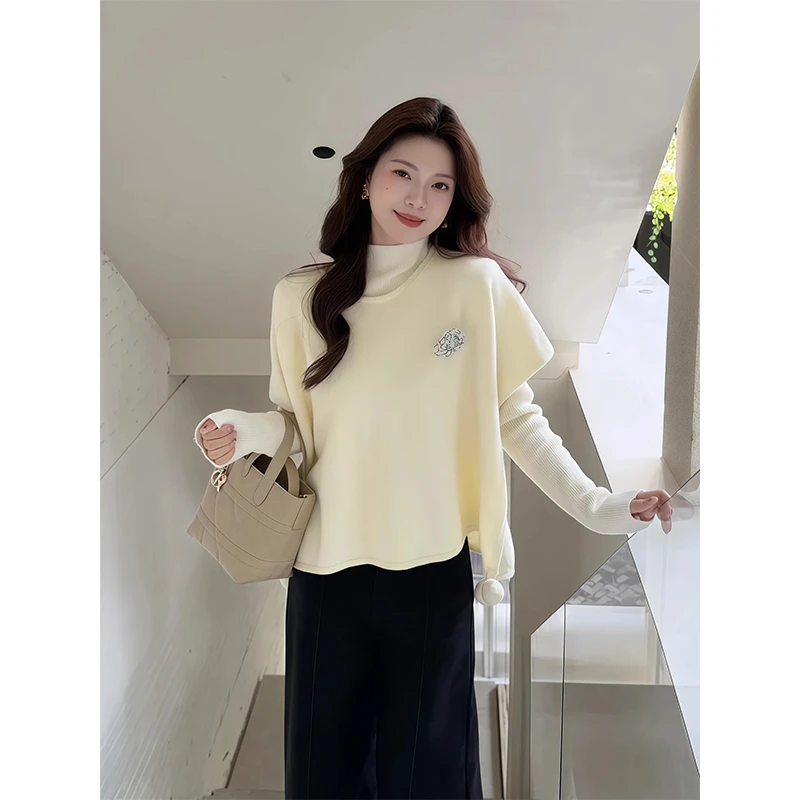 韩系穿搭套装女冬毛球斗篷叠穿毛衣罩衫内搭打底衫修身长袖针织衫