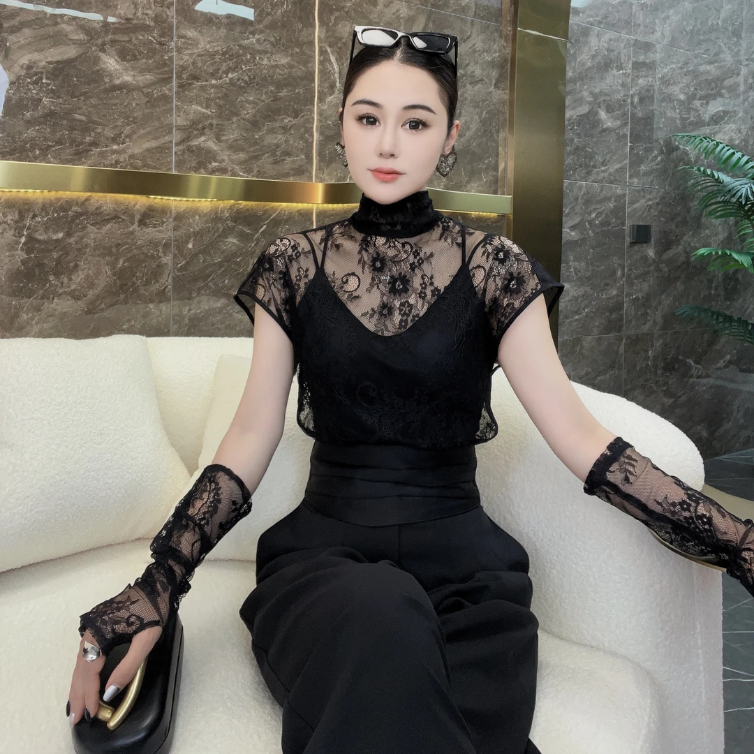 复古精致立体花朵蕾丝立领袖套蕾丝衬衫上衣25265#