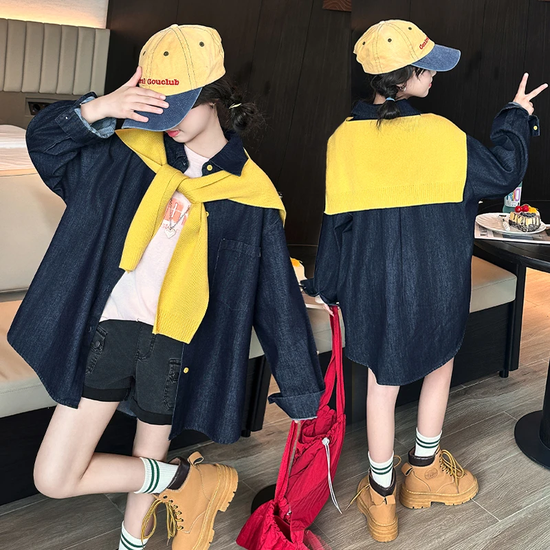 女童秋季时尚撞色披肩牛仔衬衫外套春秋新款宽松百搭休闲衬衣上衣