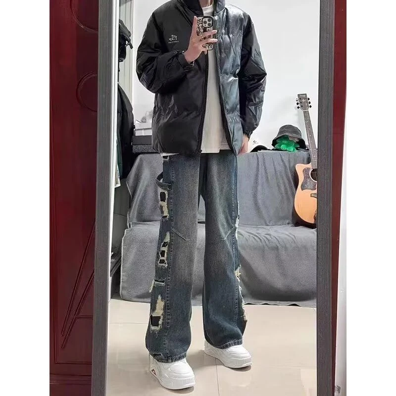 美式复古水洗做旧牛仔裤男秋冬高街潮牌设计感破洞直筒阔腿长裤子