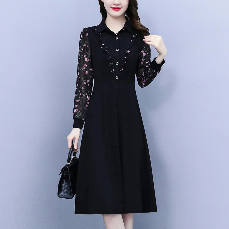 长袖秋季碎花连衣裙背心长裙雪纺洋气收腰修身慵懒风