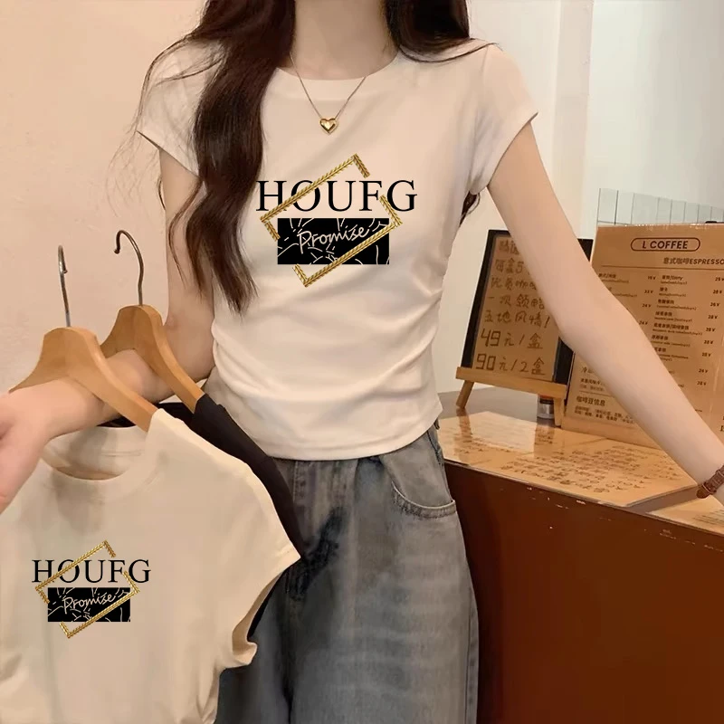 夏季新款圆领正肩纯棉短袖t恤女收腰显瘦设计感褶皱体恤爆款上衣