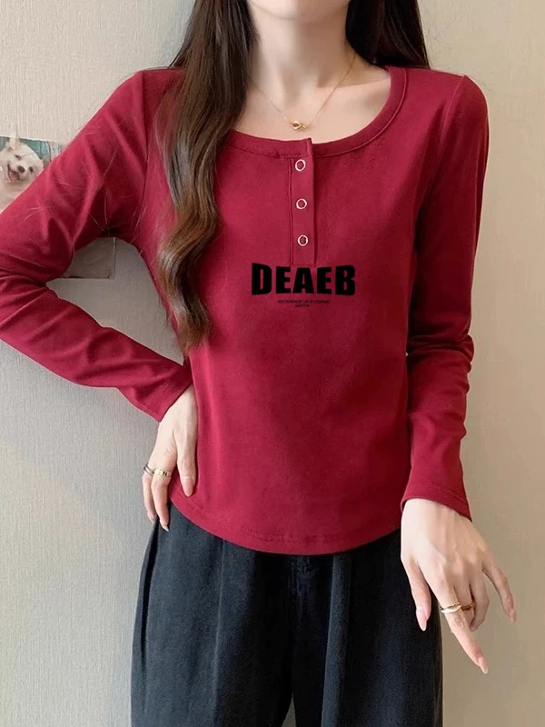 红色长袖t恤女春秋显瘦减龄内搭打底衫上衣时尚显瘦百搭欧货洋气