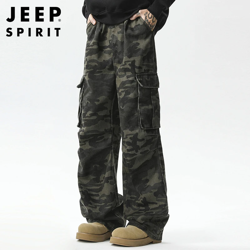 JEEPSPIRIT加绒迷彩工装裤男士新款户外潮牌高街痞帅直筒阔腿长裤
